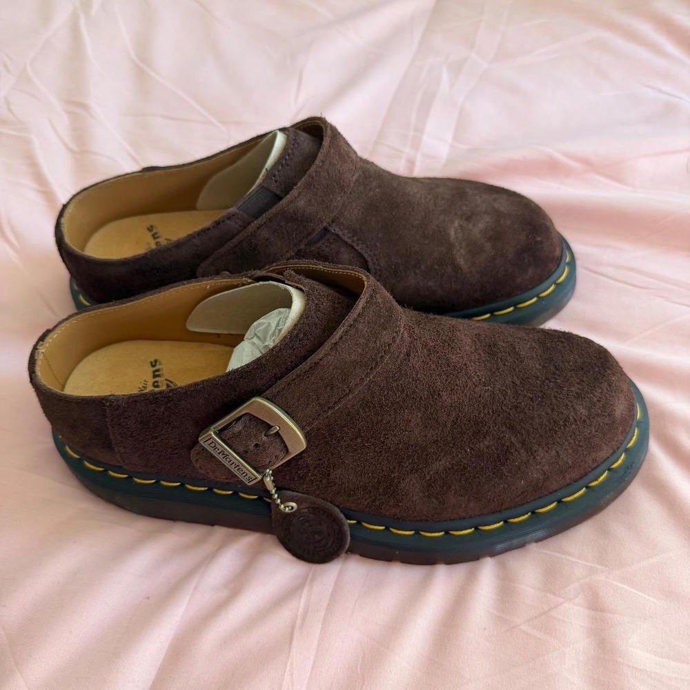 Dr. Martens Isham Dark Brown Suede Mules Clogs Buckle Strap 27959201 Mens 9 L 10